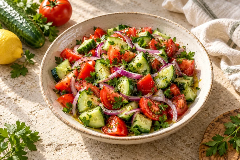 Illustrative cucumber tomato salad with red onion, herbs and lemon dressing